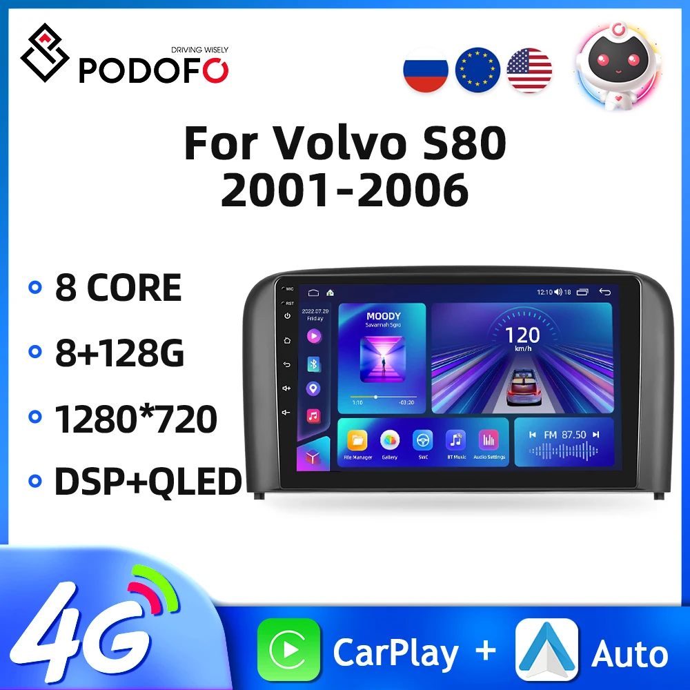 

Podofo Android11 2Din Car Radio For Volvo S80 2001-2006 Car Stereo Player GPS Navigation 4G WIFI Carplay Autoradio Auto DSP QLED