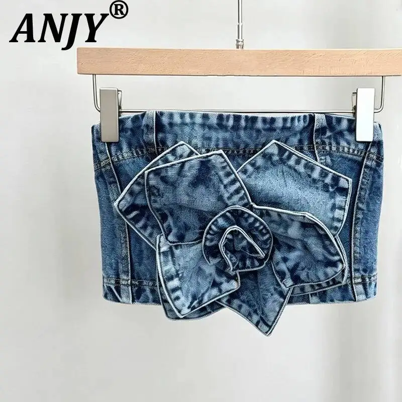 ANJY Spring Summer New Women American Hot Girl Style Three-Dimensional Floral Design Trendy Fashion Strapless Denim Vest A24836