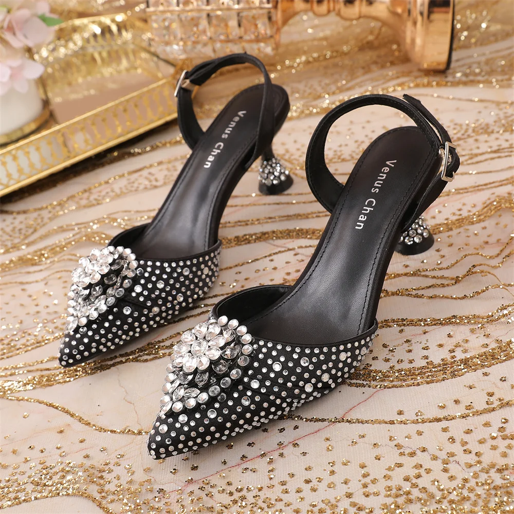 

High Heels for Lady 2025 Luxury Design Black Color Full Diamond Pointed Toe Wedding Shoe for Party Casual Women's Shoes