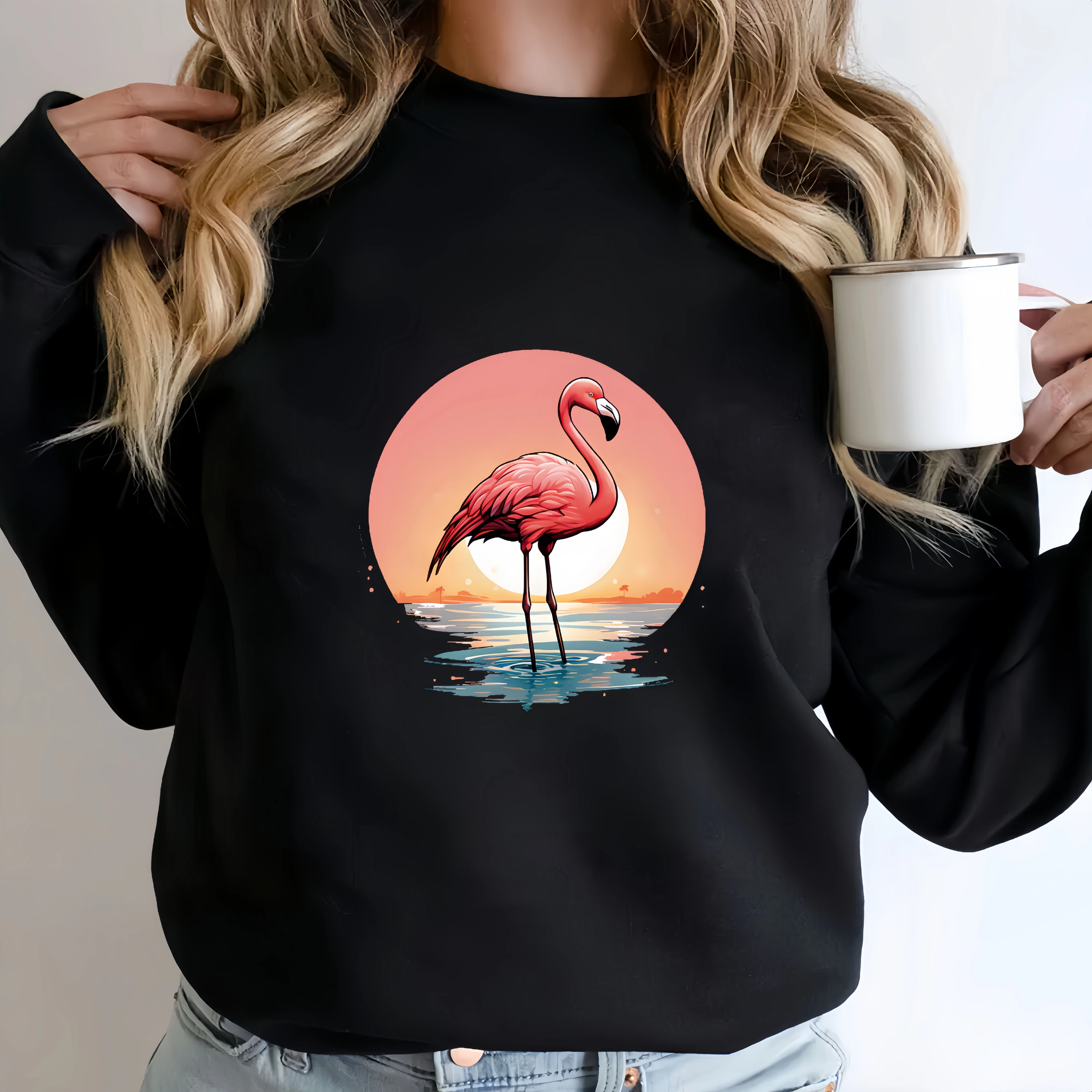 Romatic Flamingo Print Graphic Sweatshirt Women Lazy Fashion Casual Long Sleeve Crewneck Pullover Thin Spring