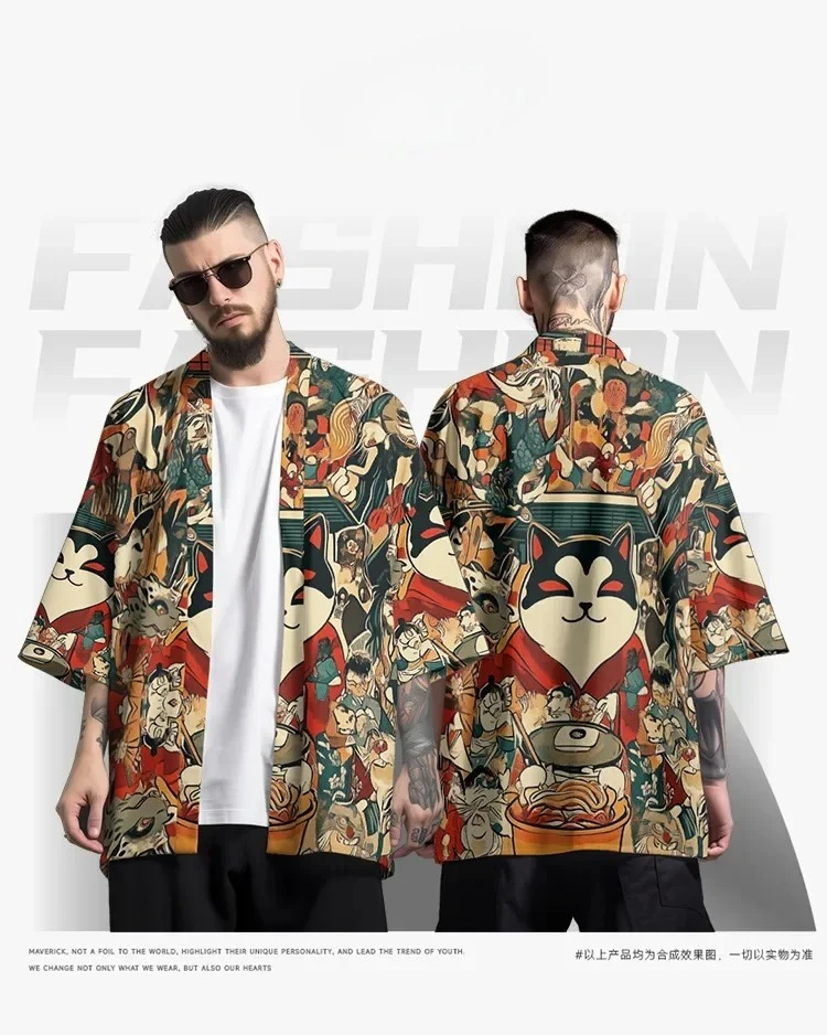 المرأة عارضة فضفاض كيمونو الملابس اليابانية التقليدية الرجال أنيمي القط المطبوعة 2025 الصيف الشاطئ سترة Haori