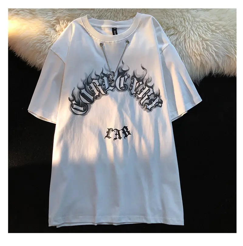 Dark Gothic Letter Creative Graphic T Shirts Men Women Cool Love Chain Fashion Street Kawaii Clothes Summer Cotton Loose Casual