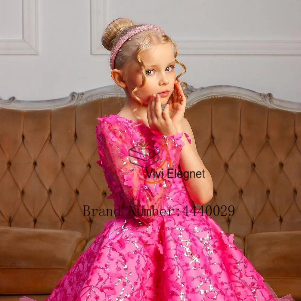 Pink Full Sleeve Flower Girls Dresses for Women Knee Length One Sleeve Christmas Gowns with Sequined 2024 Summer فلور فتاة اللبا