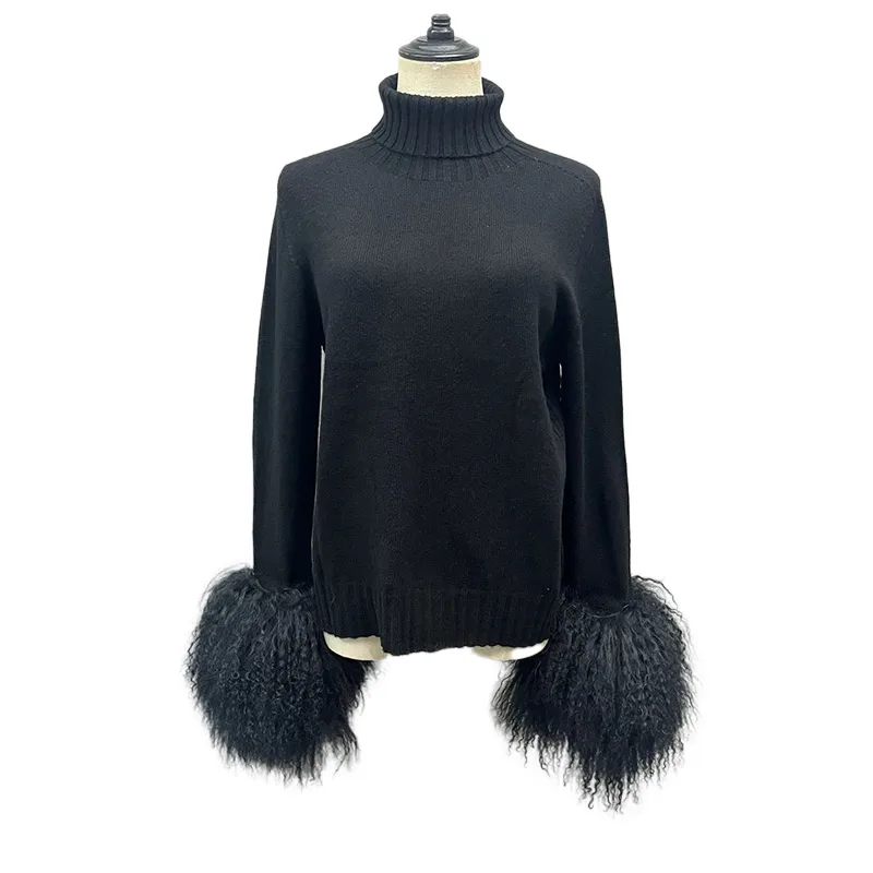 Women's Winter Sweater with Mongolian sheep Fur Cuff Lady Fashion High Collar Soft Warm