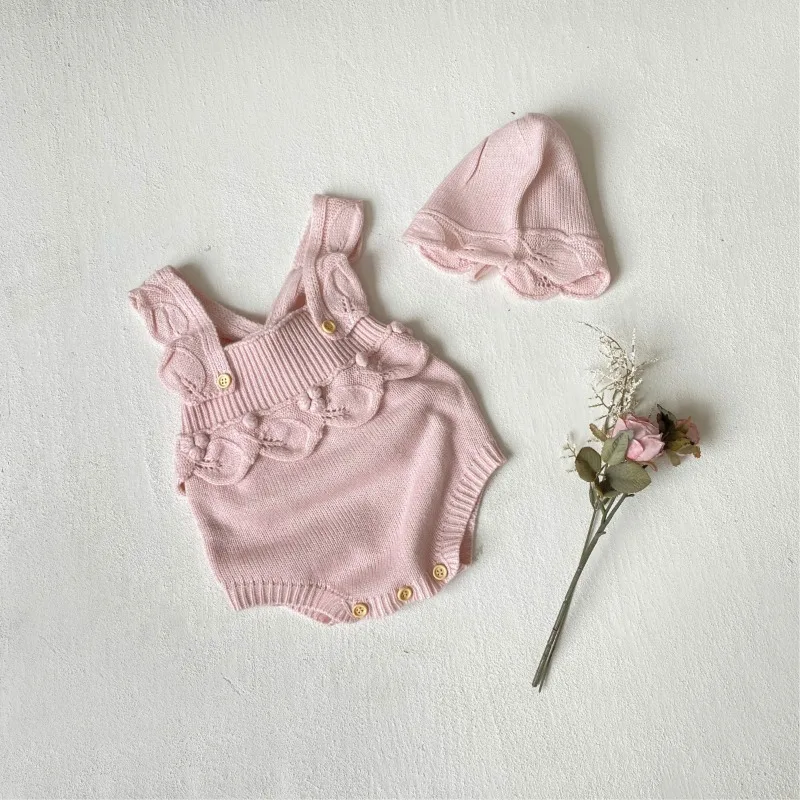 Newborn Baby Girl Knit Romper Bodysuit Autumn Winter Ruffle Strap Sweater Onesie Infant Girl Sleeveless Jumpsuit Outfit