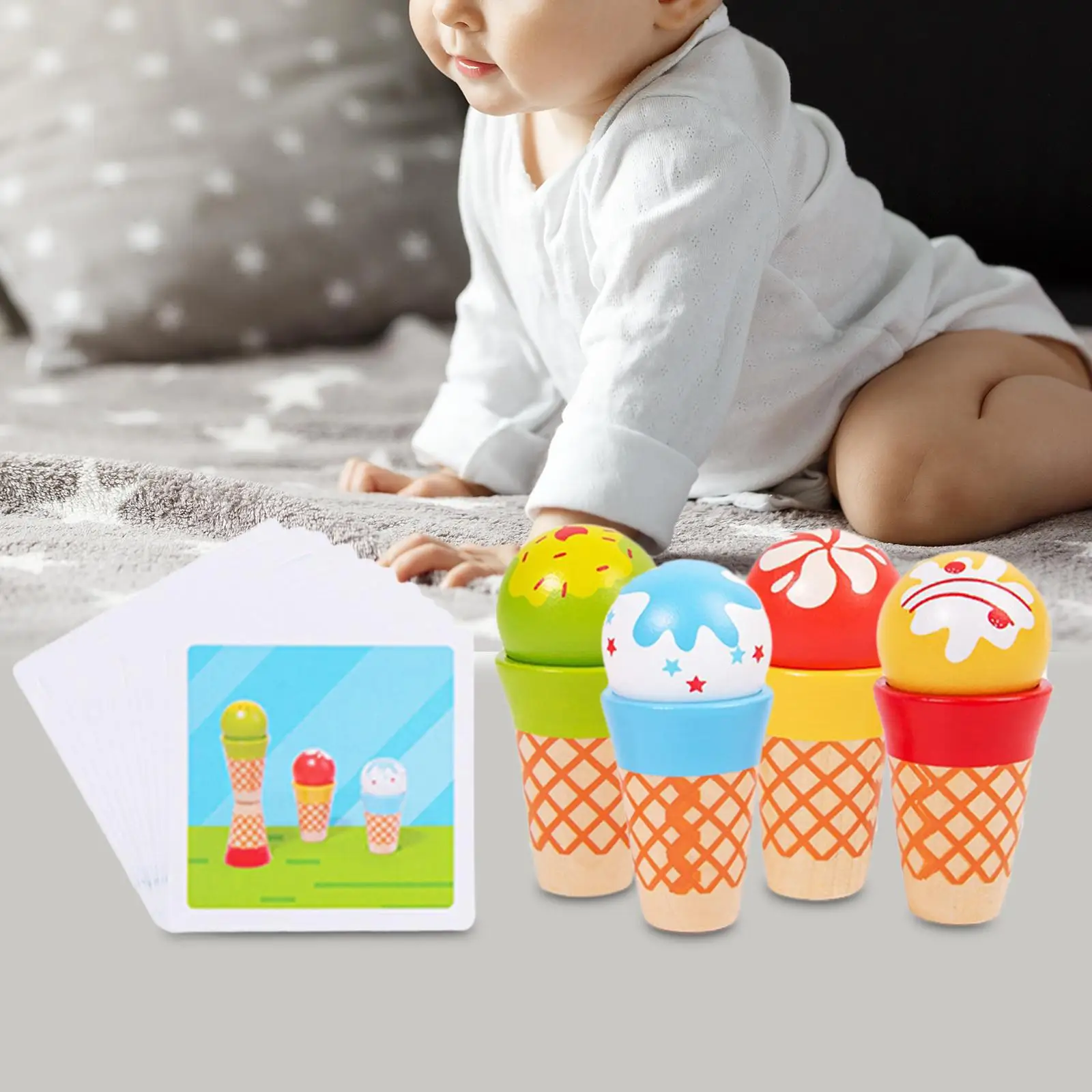 4 Pieces Wood Ice Cream Playset Education Food Toy Set for Boys Girls Kids