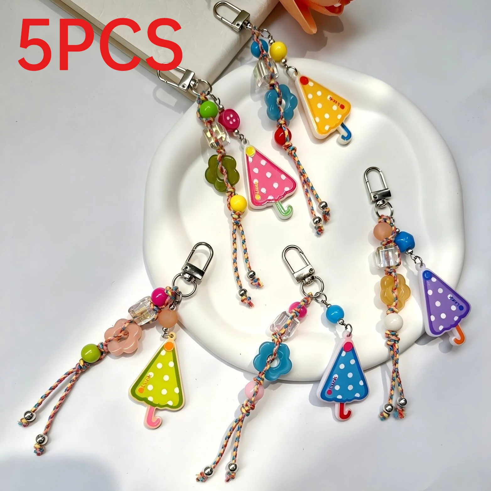 5Pcs Y2K Dopamine Aesthetic Colorful Flower Umbrella Acrylic Keyring Cartoon Couple Bag Phone Strap Creative Decor Charms