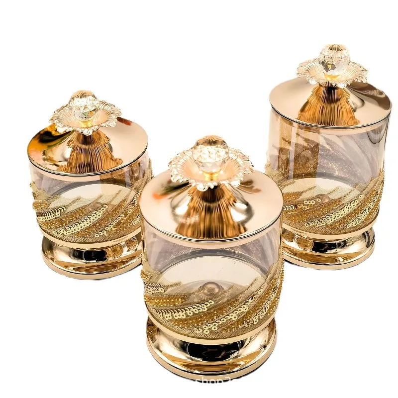 European Metal Jewelry Box with Lid High Leg Glass Candy Jar Table Top Gold Plated Coffee Beans Dried Fruit Snack Storage Bottle