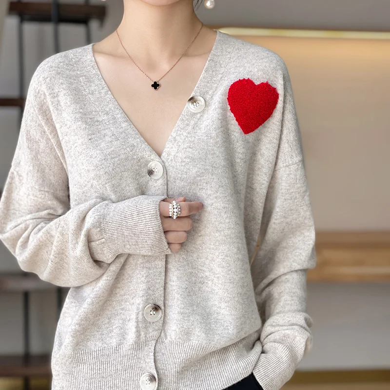 Feminino puro cashmere bordado vermelho coração camisola profundo decote em v cardigan feminino malha solta-fitting branco preto camisolas de café