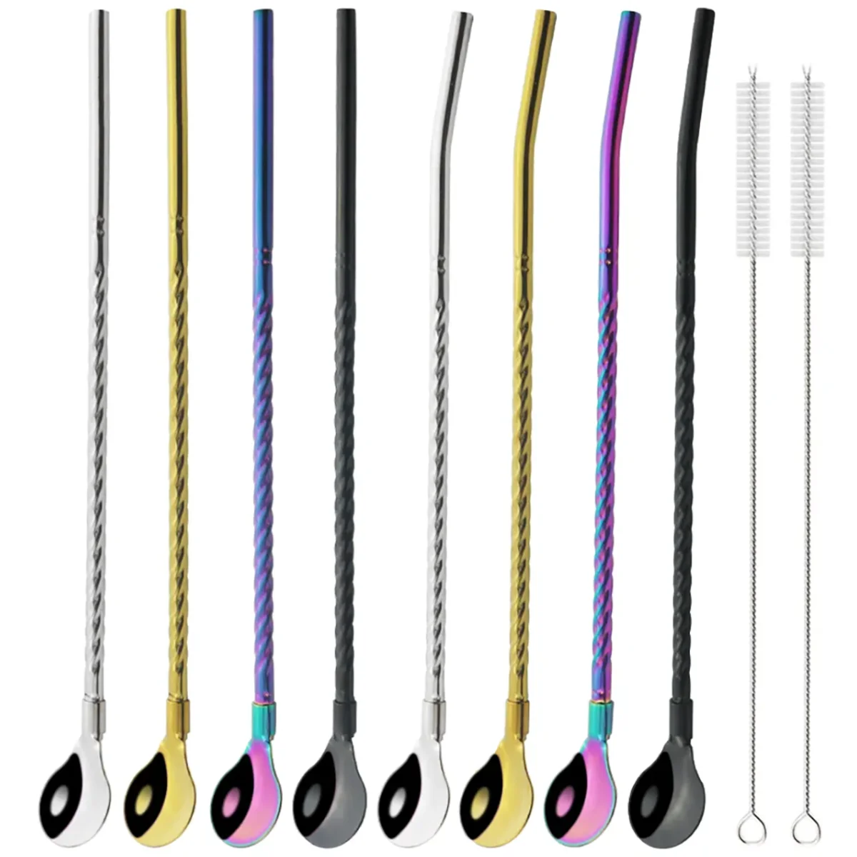 8Pcs 304 Stainless Steel Straw Spoon Set Reusable Metal Straw with Brush Mixing Stirring Straw for Smoothie Drinking Accessory