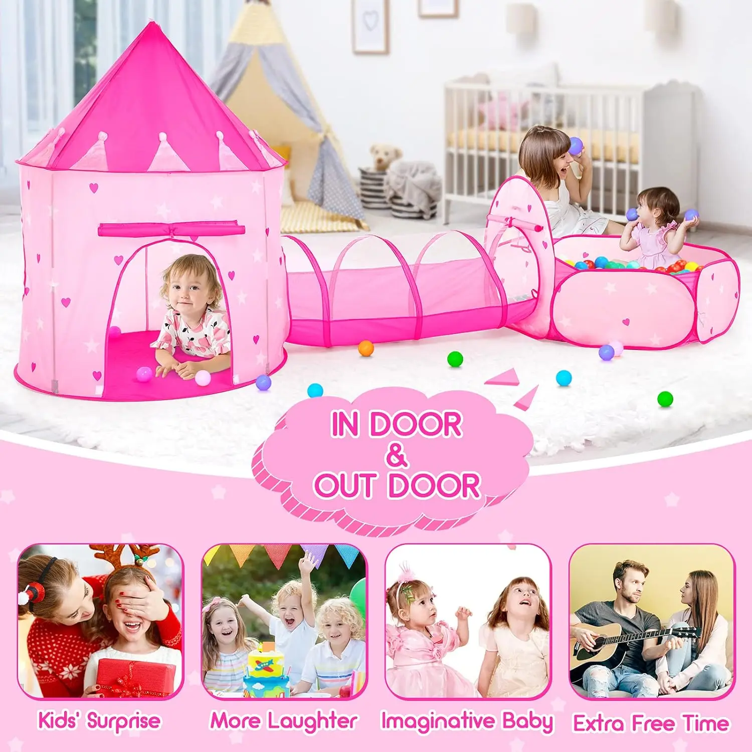 Barraca de brincar infantil de 3 peças para meninas com poço de bolinhas, túnel de engatinhar, barracas de princesa para crianças, brinquedos de casa de brincar do mundo do espaço do bebê, meninos ind