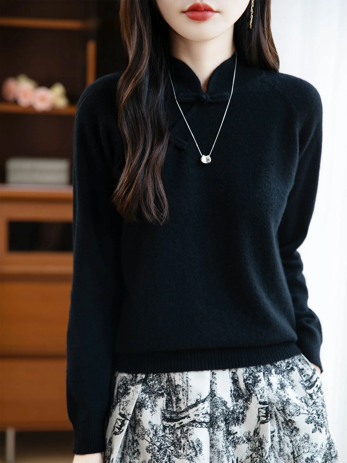 المرأة الجديدة 100% ميرينو رداء علوي من الصوف النمط الصيني متماسكة البلوز عالية طوق الخريف الشتاء الكشمير ملابس مريحة