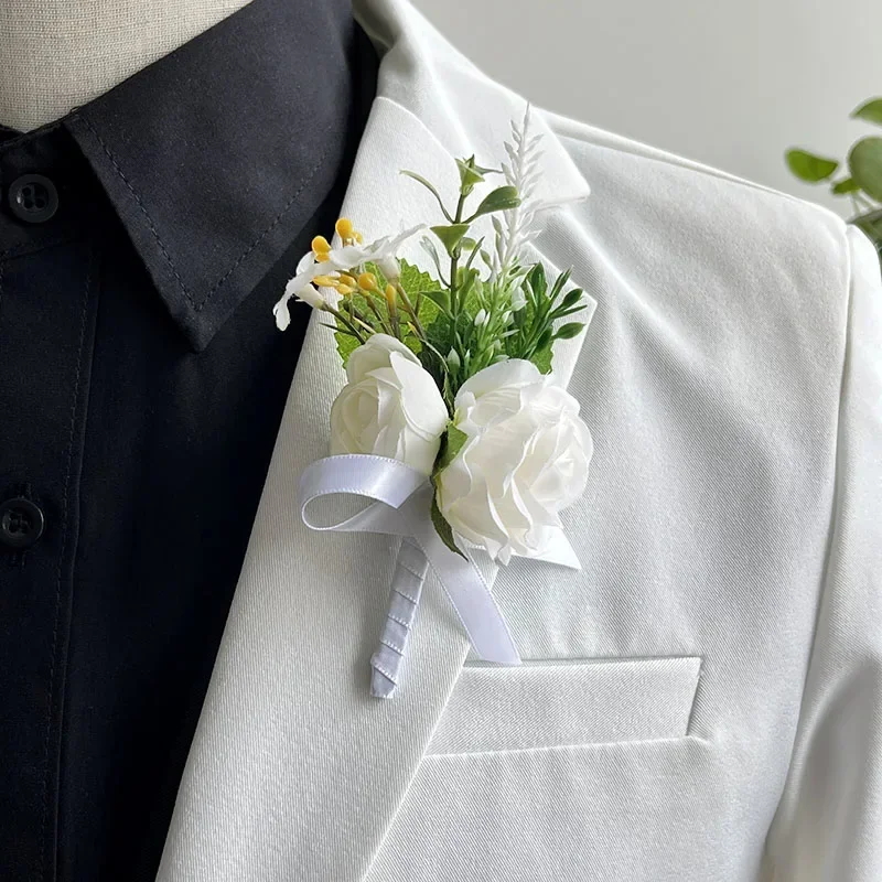 Ramillete para novio, accesorios de boda, broche hecho a mano, rosas de seda, pulsera falsa, ojal para damas de honor, flores, decoración para graduación