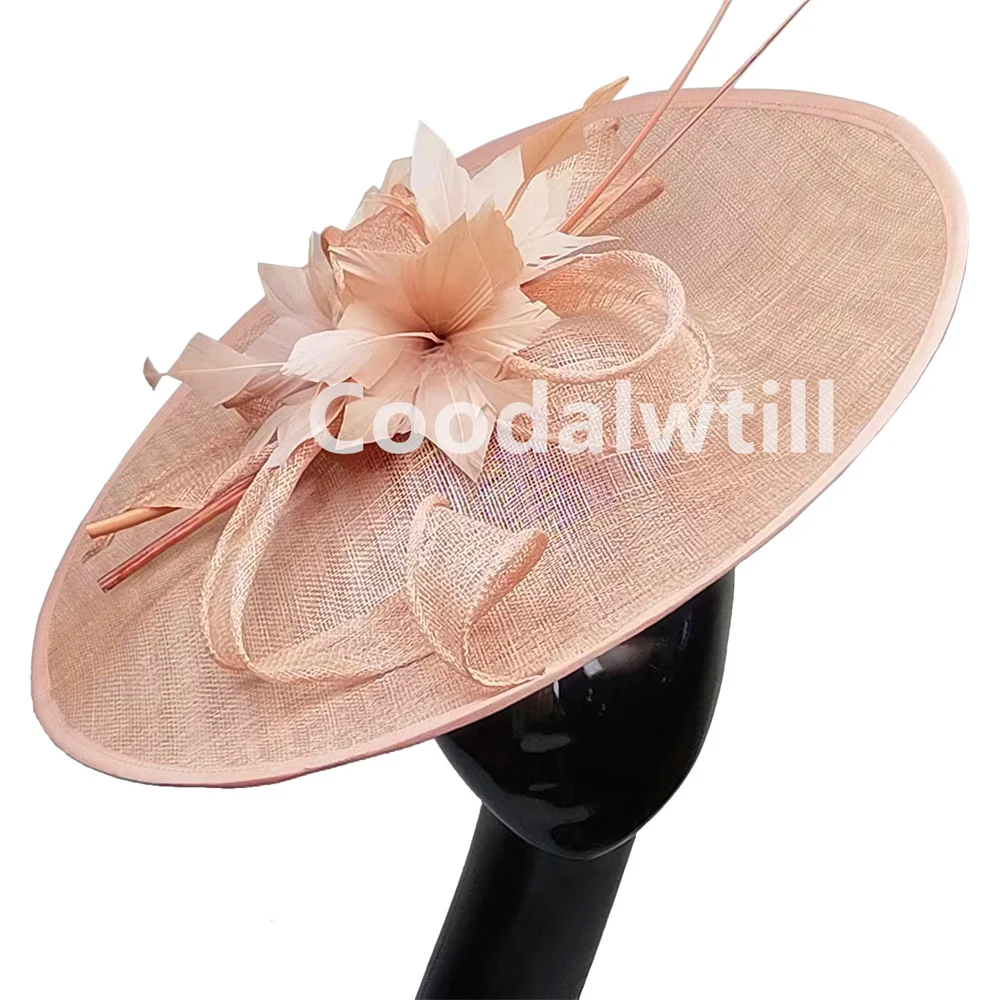 Large Sinamay Wedding Fascinator Hat Women Elegant Church Race Headpiece Ladies Bride Occasion Millinery Cap Derby Feather Hats