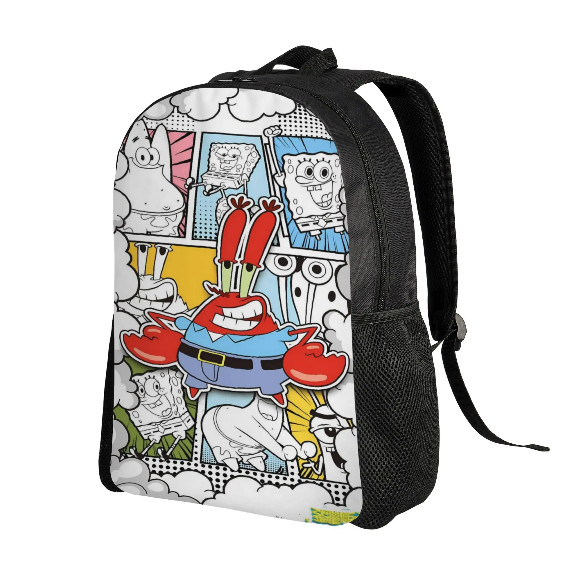 S-SpongeBobed Black White Art Backpack Student Unisex  Durable Backpacks Polyester Funny High School Bags Designer Rucksack