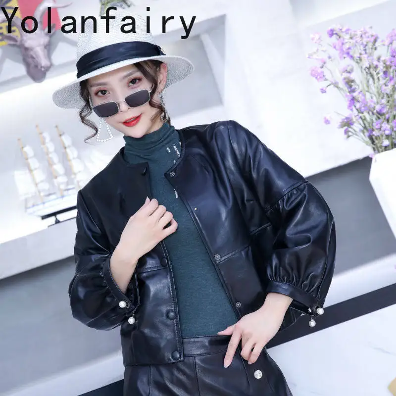 YOLANFAIRY Short Genuine Sheepskin Leather Jacket Women 2026 Autumn  Pink Real Leather Coat Lantern Sleeve Cropped Outerwear