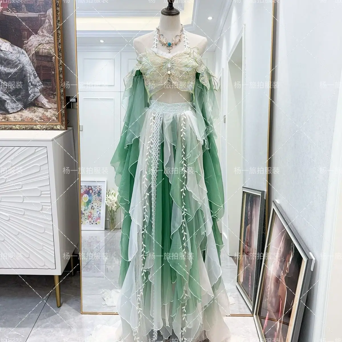 Fairy Exotic Forest Style Two‑Piece Suit Off‑Shoulder Flare Sleeve Dress For Dunhuang Xishuangbanna Theme Photoshoot Cos Event