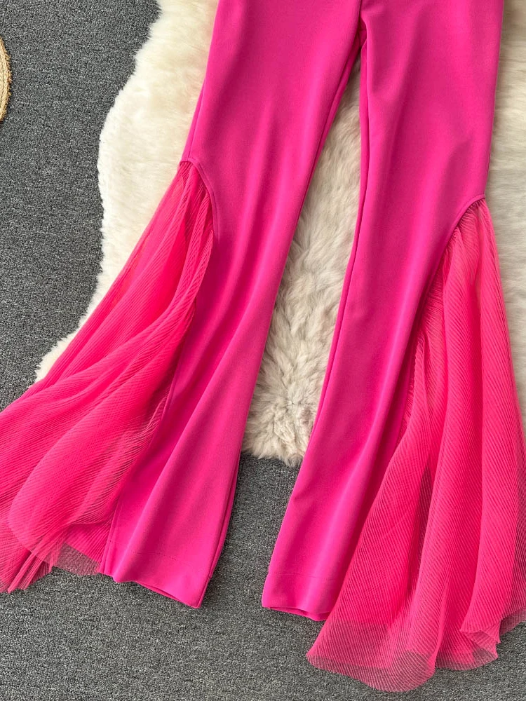 Mesh Spliced Y2k Pants for Women Spring 2023 High Waisted Split Solid Wide Leg Flare Pants Fashion Chic Casual Pants