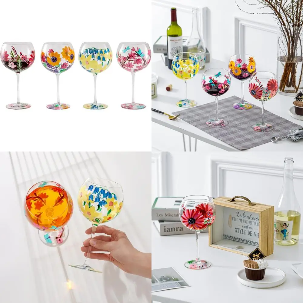 

Набор бокалов для вина с ручной росписью из 4 шт., разноцветные акварельные цветы, ремесленные изделия, 20 унций, персонализированный уникальный дизайн