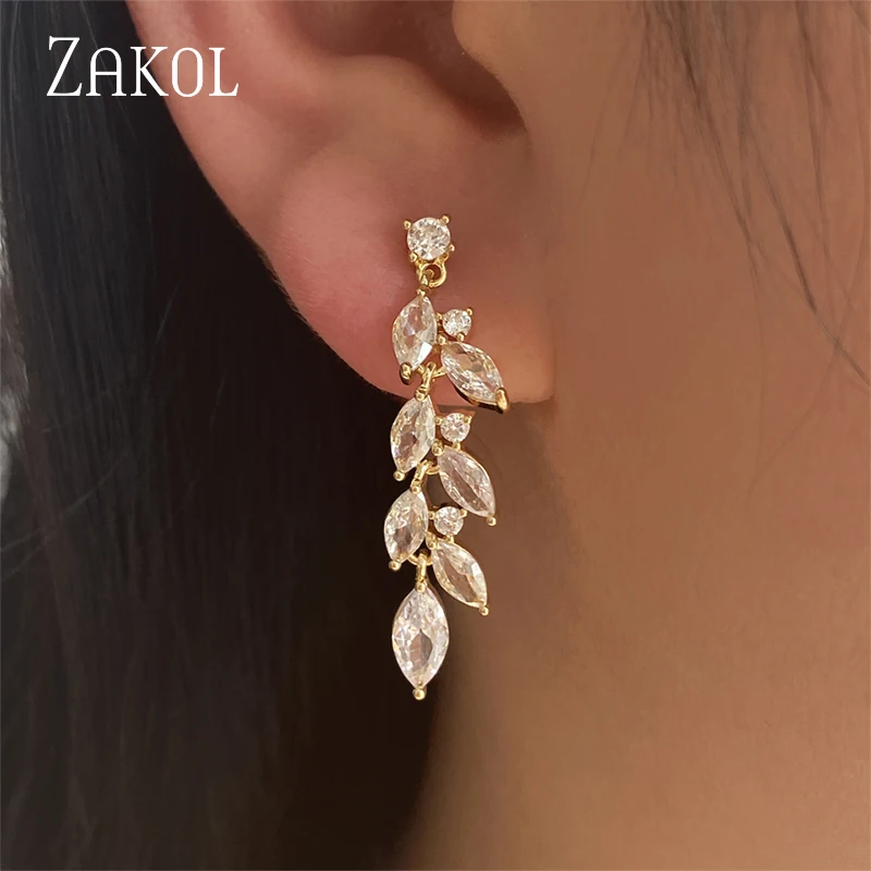 ZAKOL Zircon Gold Color Wheat Ear Leaves Dangle Earrings for Women Fashion Marquise Cut Cubic Zirconia Wedding Jewelry EP2834