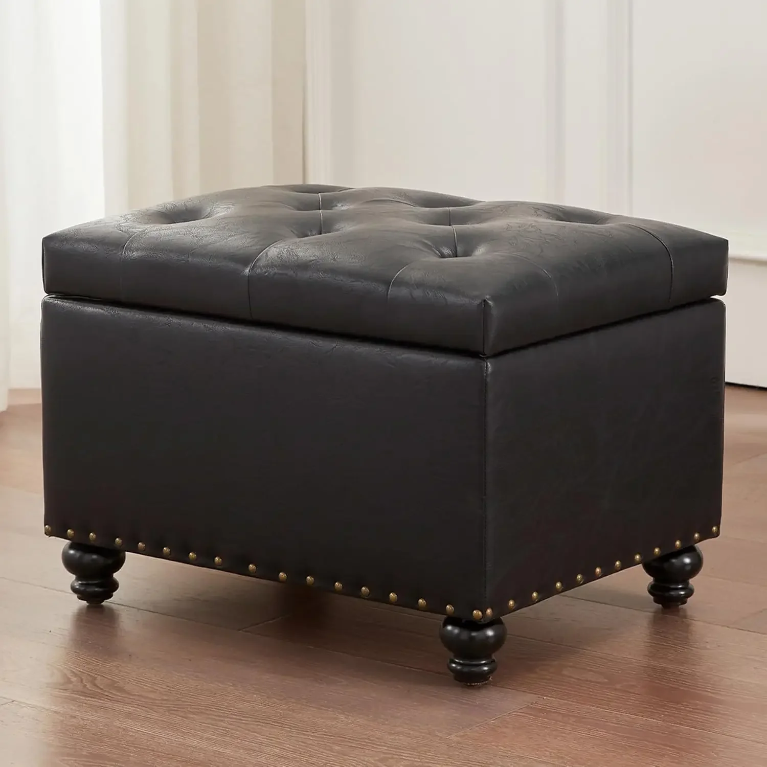 

24 Inch Black PU Upholstered Button Tufted Storage Ottoman Foot Rest Stool For Living Room Bedroom Dorms Apartments