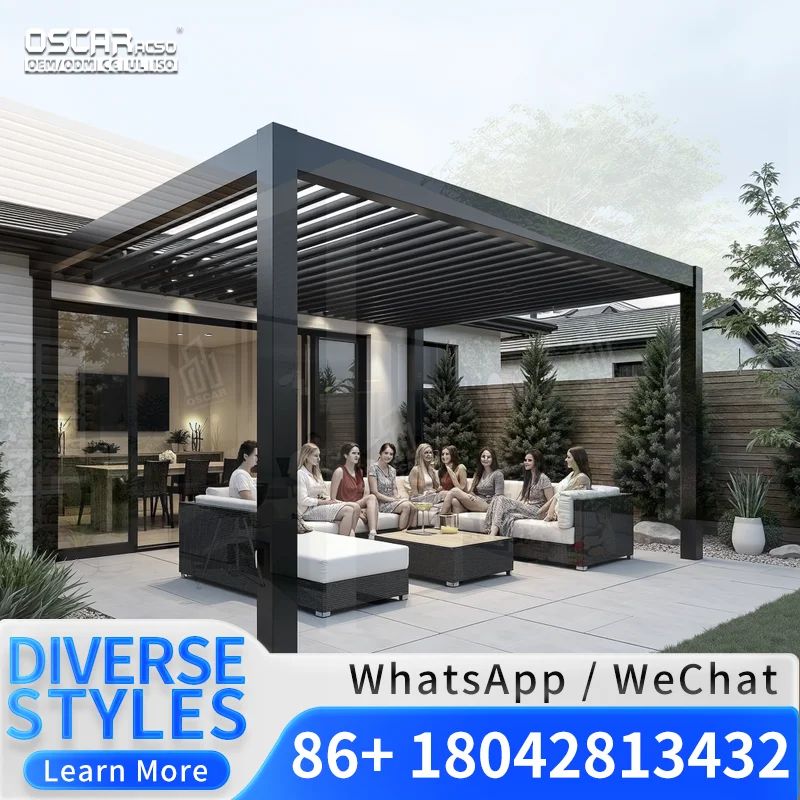 Gazebo Motorizado Impermeable de Aluminio para Jardín, 3x3, 3x4, 3x6, 4x3, 4x4, 4x6, 6x4M, con Techo de Lamas, para Patio Trasero y Jardín en EE. UU.