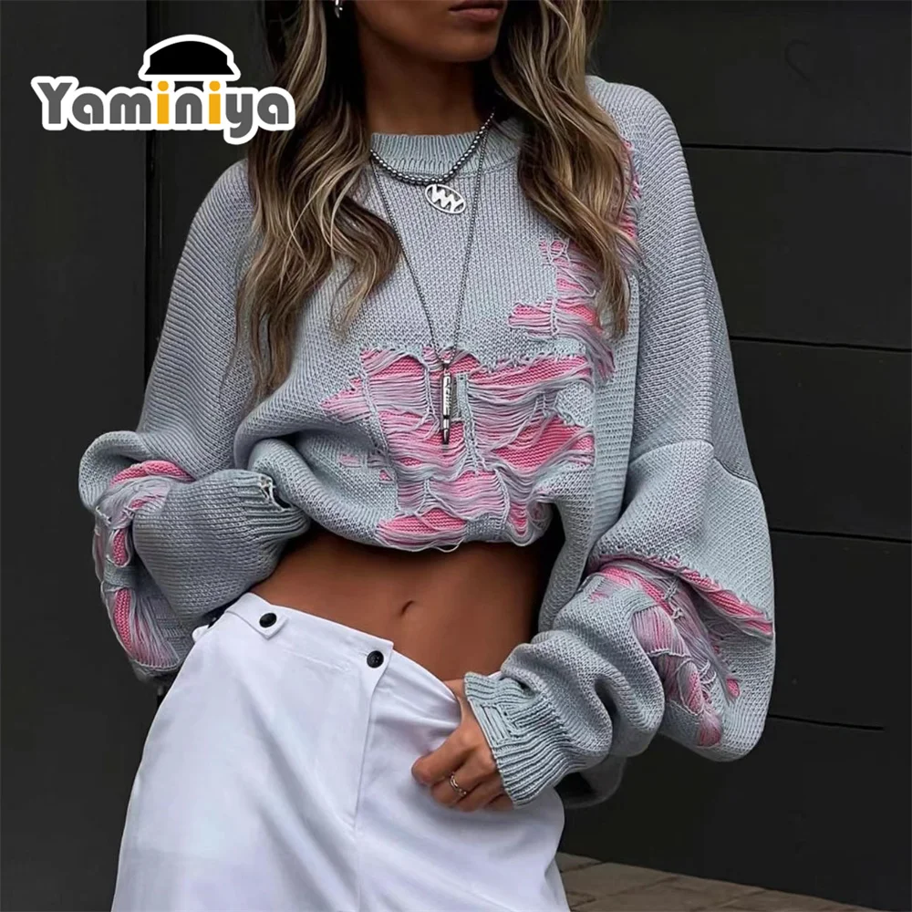 Yaminiya Autumn Women's Sweater Tattered Top women Clothing O-Neck Long Sleeve Top Y2k Sweate Women's Jumper Fashion 2024 New