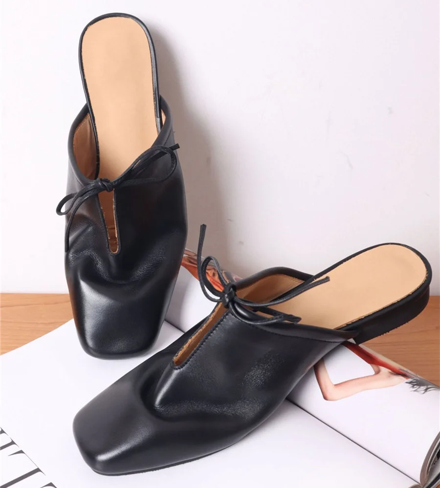 

Женские тапочки с квадратным носком, летние сандалии-гладиаторы на шнуровке, уличная обувь на плоской подошве, женские шлепанцы, черные, белые туфли-лодочки из мягкой кожи