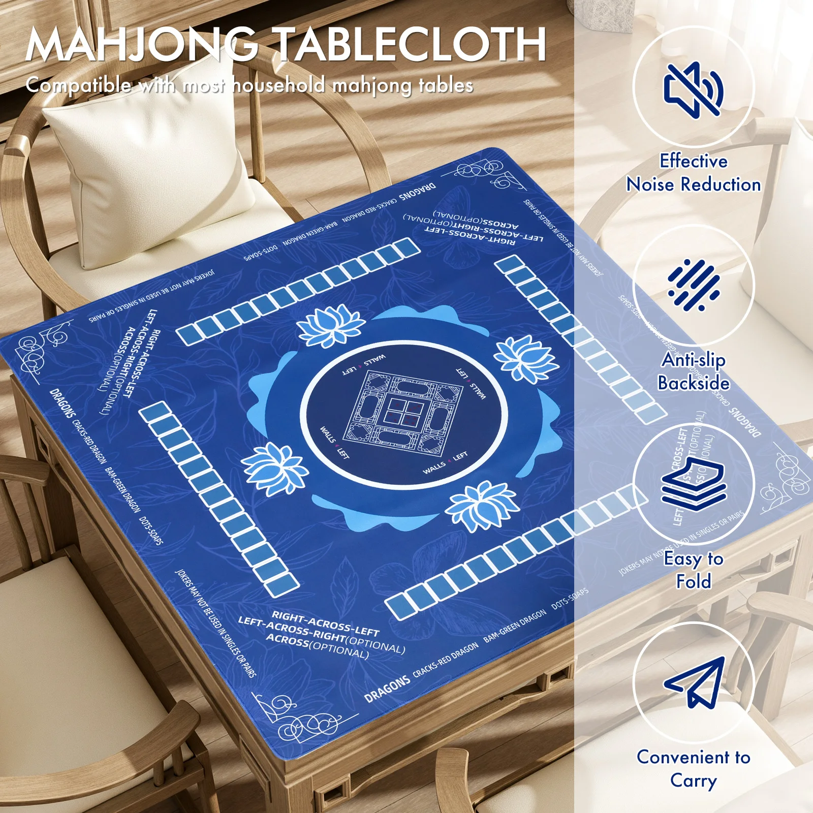 Mahjong Mat 80x80CM Mahjong Playing Mat Foldable Noise Reduction Mahjong Game Cloth with Storage Bag Anti Slip Decor Table Cover
