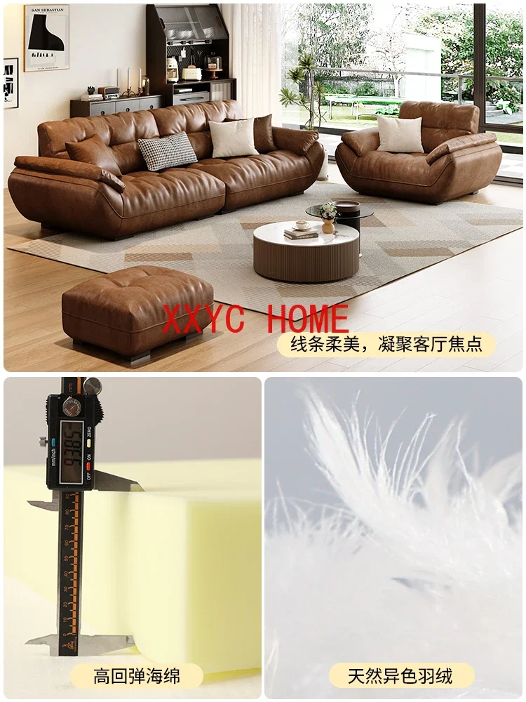 

Italian Minimalist Living Room First Layer Cowhide Simple Modern Straight Cloud Oil Wax Leather Sofa