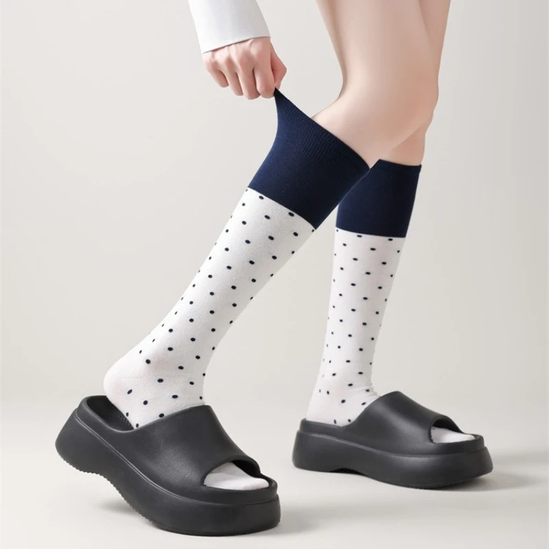 Early Spring Thin Contrasting Color Wave Point Calf Socks Boneless Matching Small Leather Shoes JK Girl Knee Length Long Socks