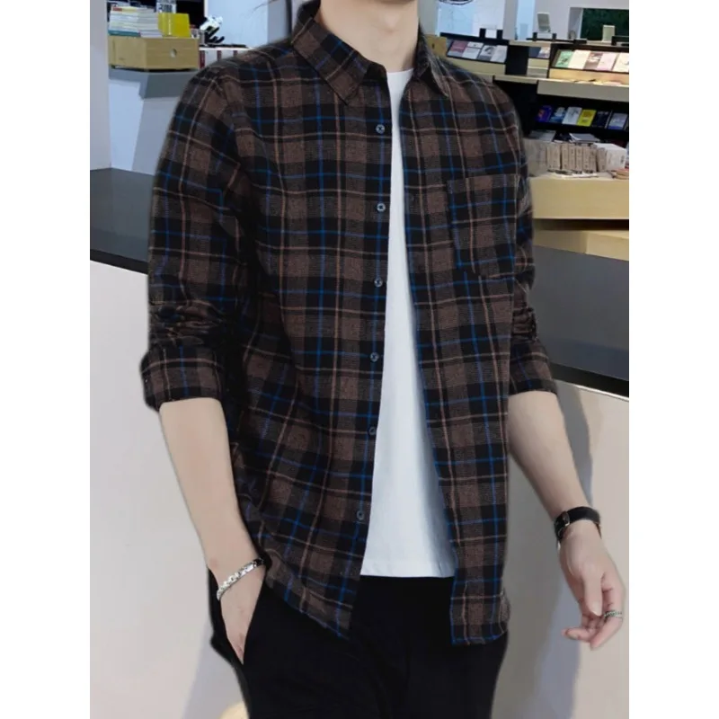 2025 Men Spring Autumn Fashion Long Sleeve Plaid Shirts Male Buttons Casual  linenLoose Blouses Mens Oversize Pocket Shirt P785