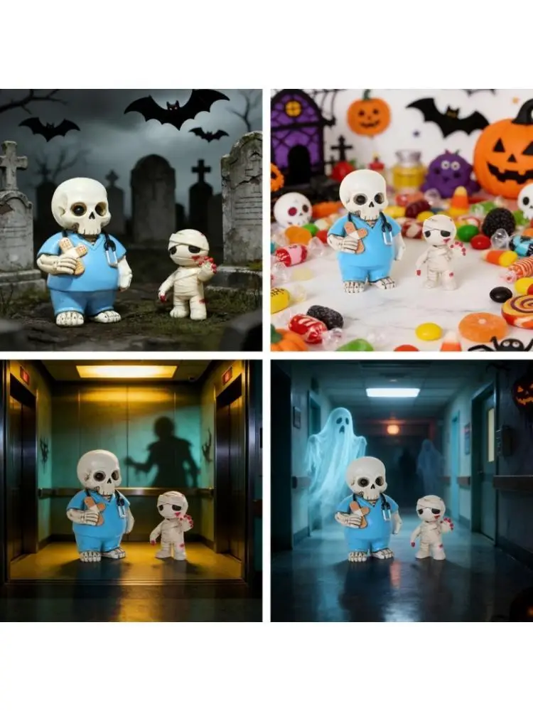 652F Halloween Tabletop Resin Figurine Pair with Skeleton Doctor Mummy