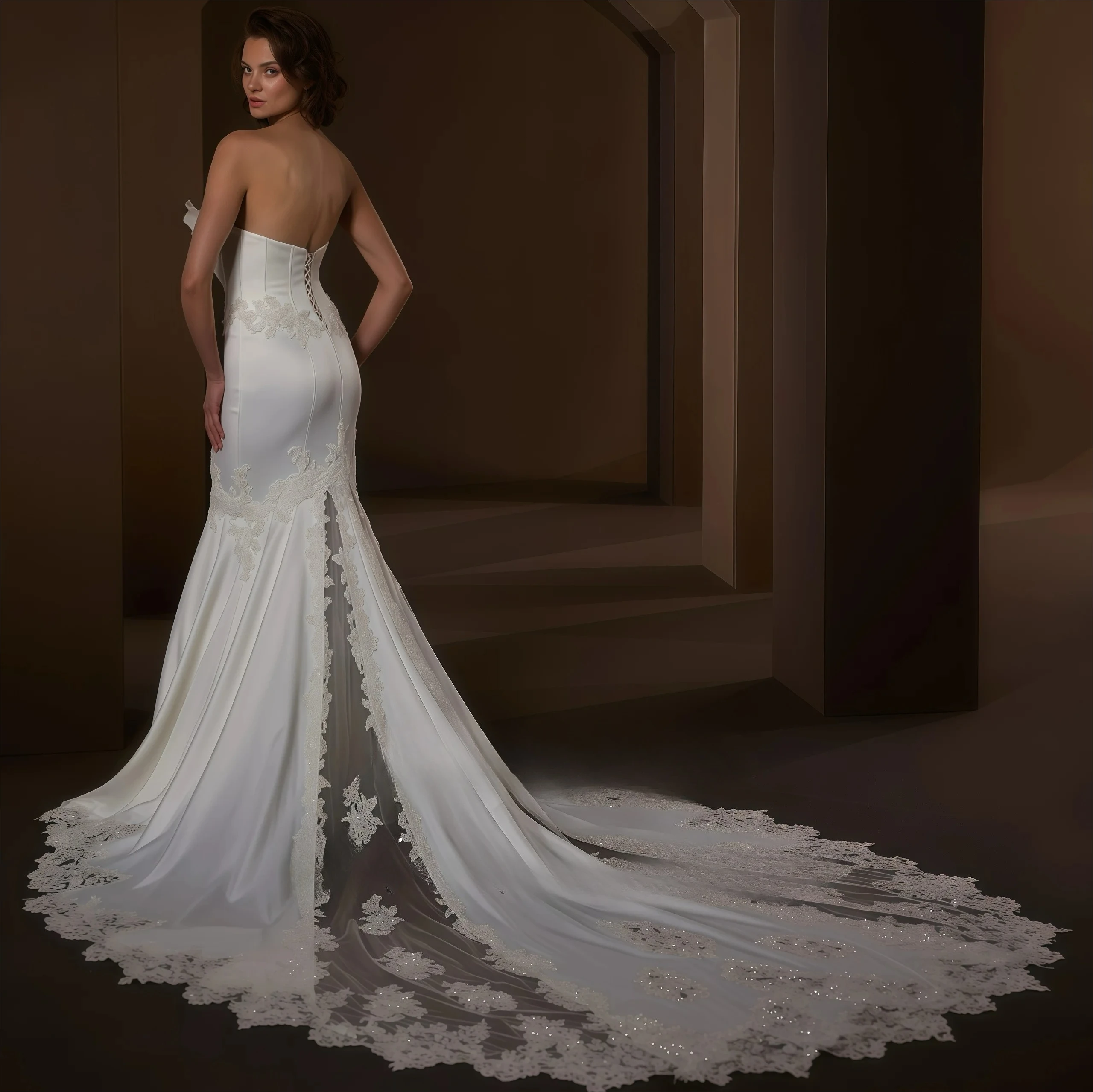 Customized Glossy Satin Strapless Floral Embellished Fishtail Zipper Back Lace Trim Sweep Train Floor Length Bridal Attire