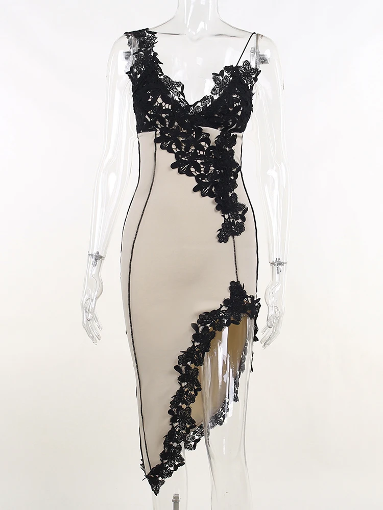 แปลก Puss เซ็กซี่ลูกไม้ชุดเดรสปาร์ตี้ผู้หญิงลึก V คอไม่สม่ำเสมอ Chic Patchwork Skinny Maxi Bodycon Midnight ยืด Clubwear