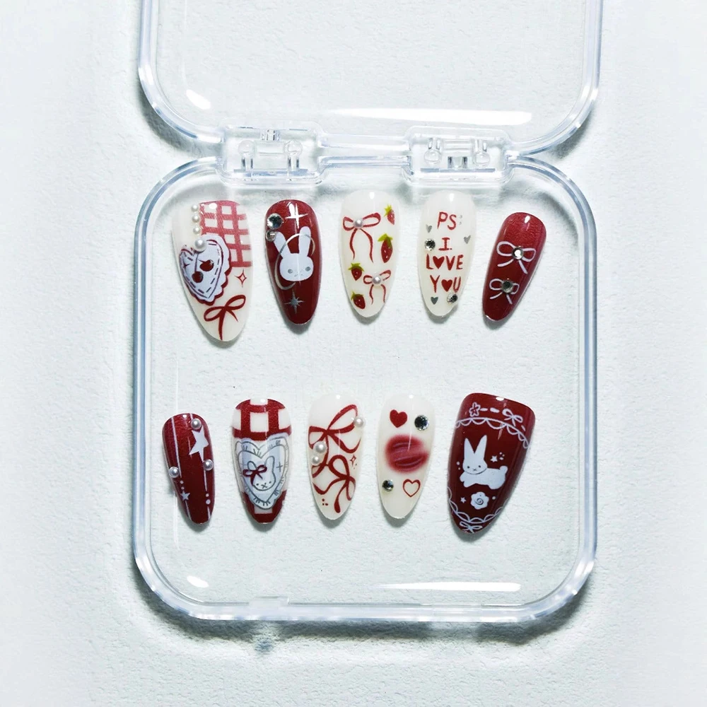 30 pièces papillon dessin animé lapin presse sur ongles moyen amande faux vin rouge amande strass perle conception bricolage ongles Y2K
