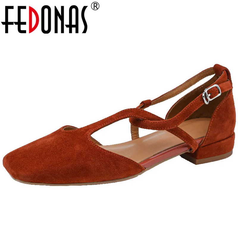 FEDONAS 2025 Fashion Design New Women Pumps Square Toe Low Heels Casual Kid Suede Leather Spring Summer Ankle Strap Shoes Woman