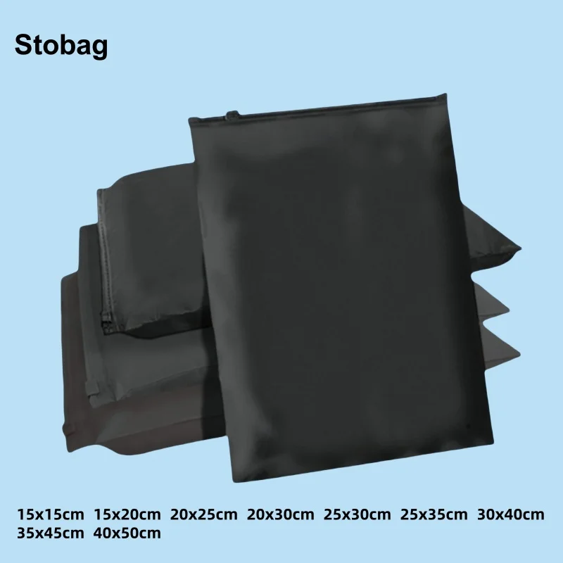 StoBag 50pcs Wholesale Black Frosted Matte Zipper Bags Clothes Packaging Pouch Plastic Sealed Shirts Storage Reusable Pocket