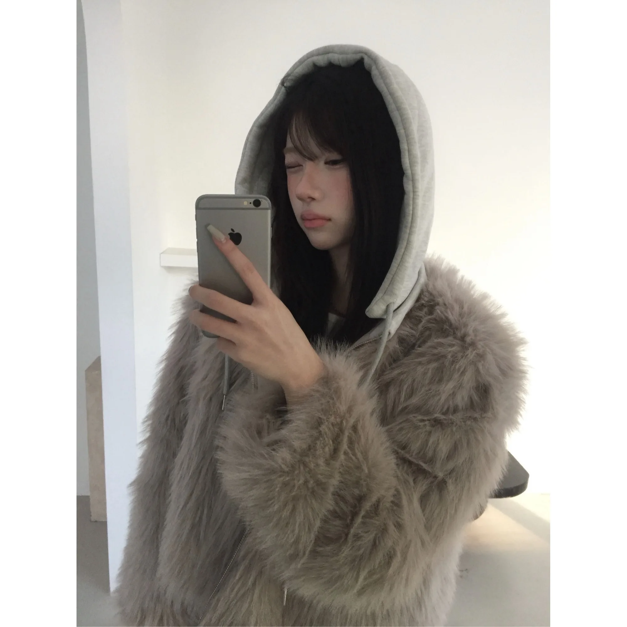 Sweet Fur Trimmed Knitted Patchwork Coat Warmth Autumn Winter Cardigan Small Design Sense Small Size Women's Top