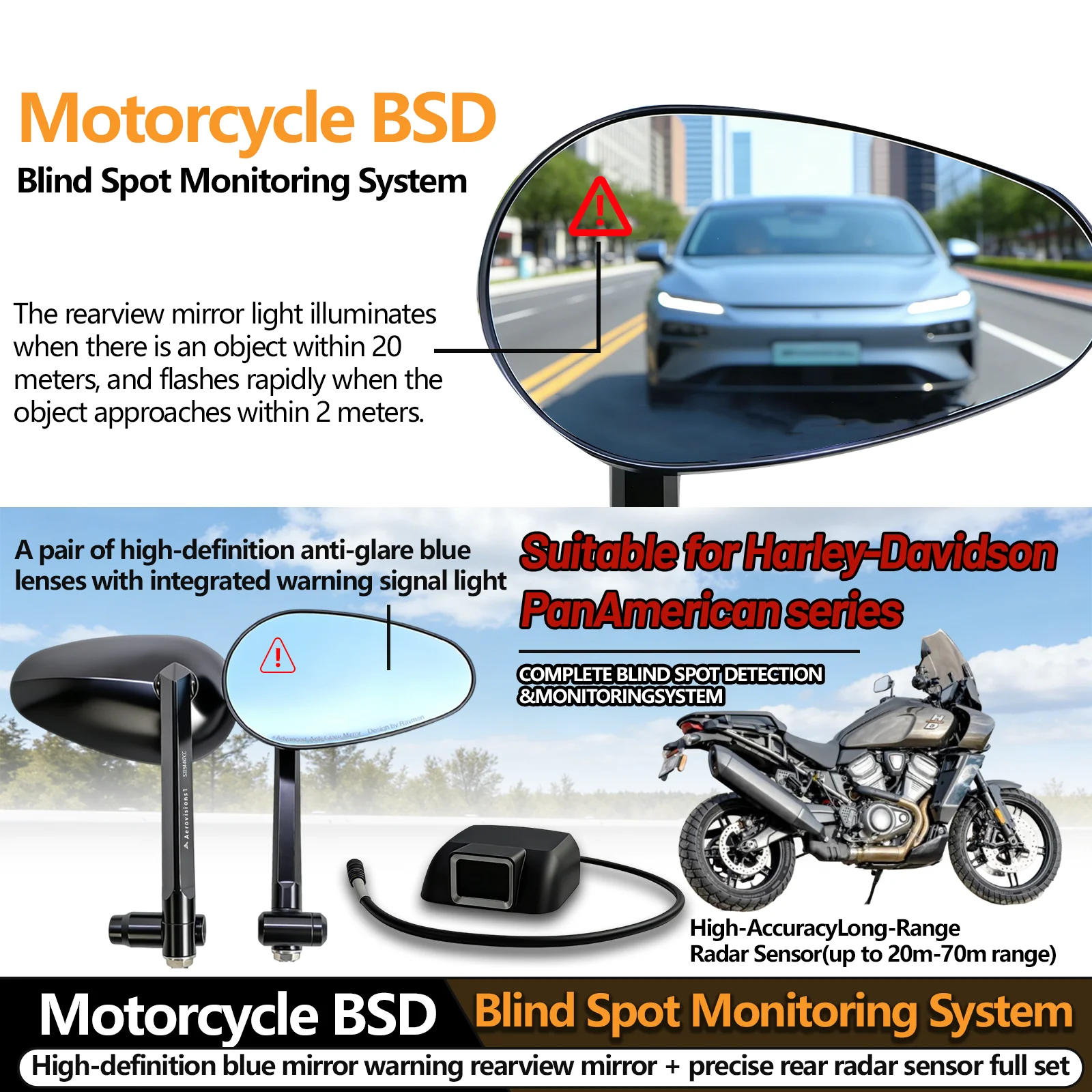 

For Harley Pan America with Blind Spot Monitoring and Anti-Glare Precise Rear Sensors High Definition Radar Rearview Mirror
