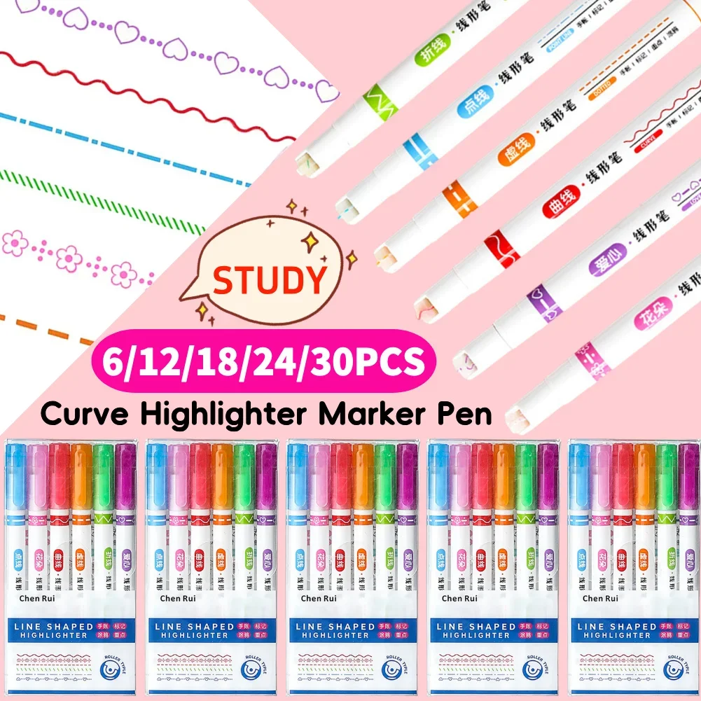 

6-30Pcs Flower Line Shape Highlighter Pen Roller Tip Pen Curve Liner Marker DIY Kawaii Graffiti Stationery School Office Supply