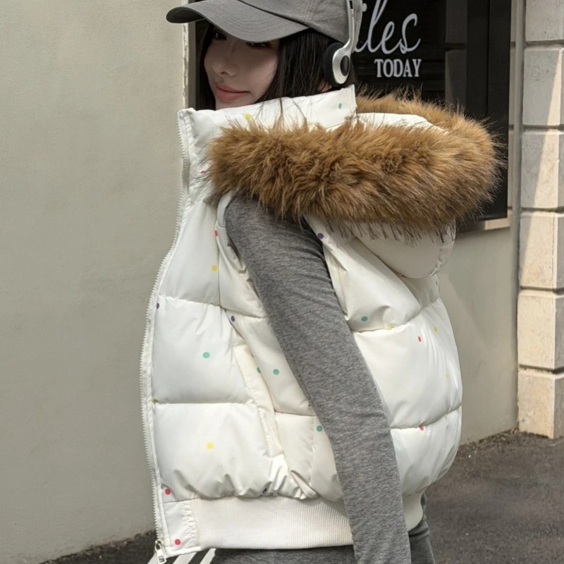 2026 Fashion Polka Dot Down Cotton-padded Short Vest Women's Waistcoat Hooded Fur-collar Coat Thicken Student Loose Outer Wear