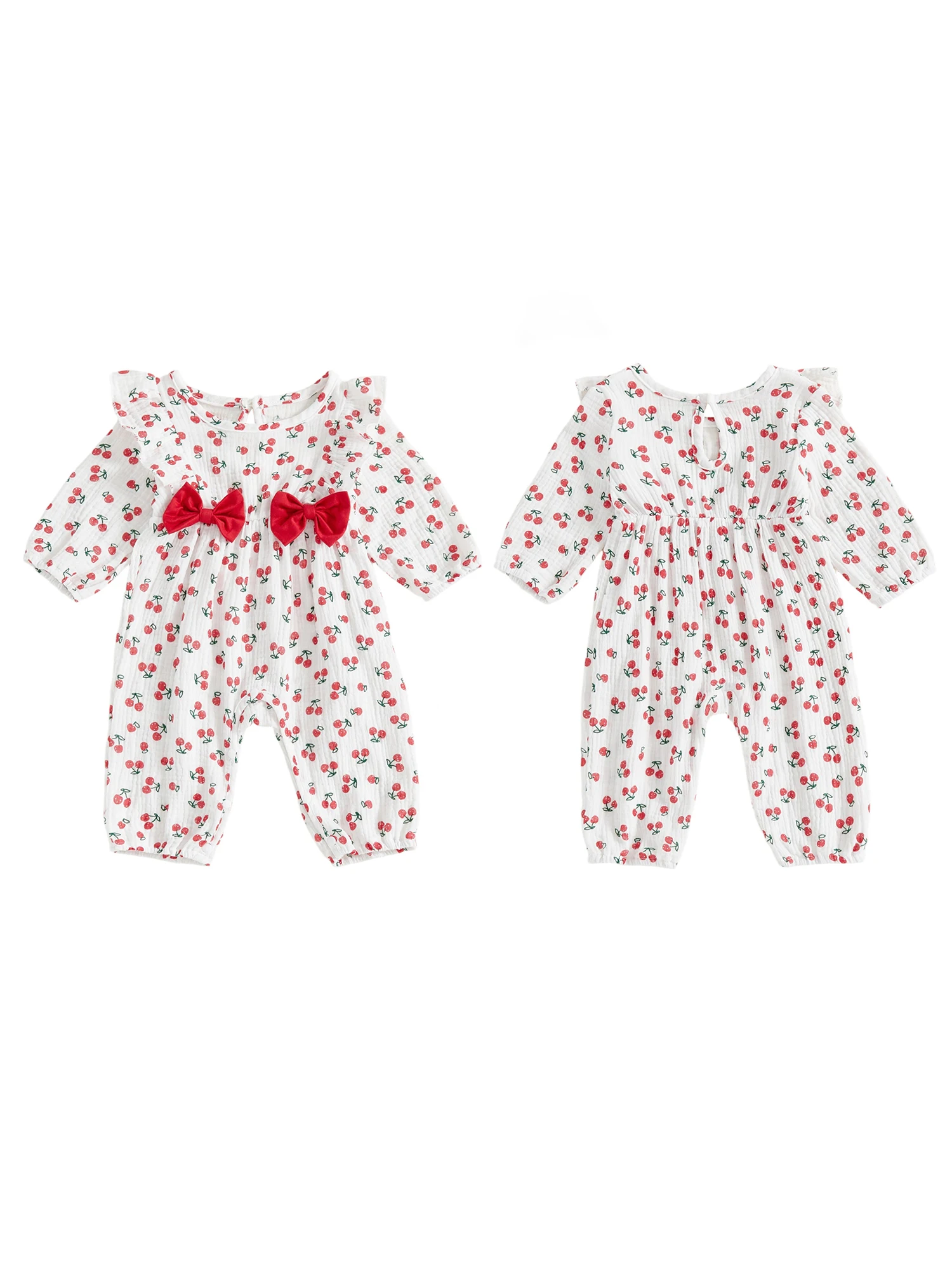 Entzückender Herbst für Kleinkinder mit niedlichem Kirschmuster, stilvollen langen Ärmeln und zarten Rüschendetails