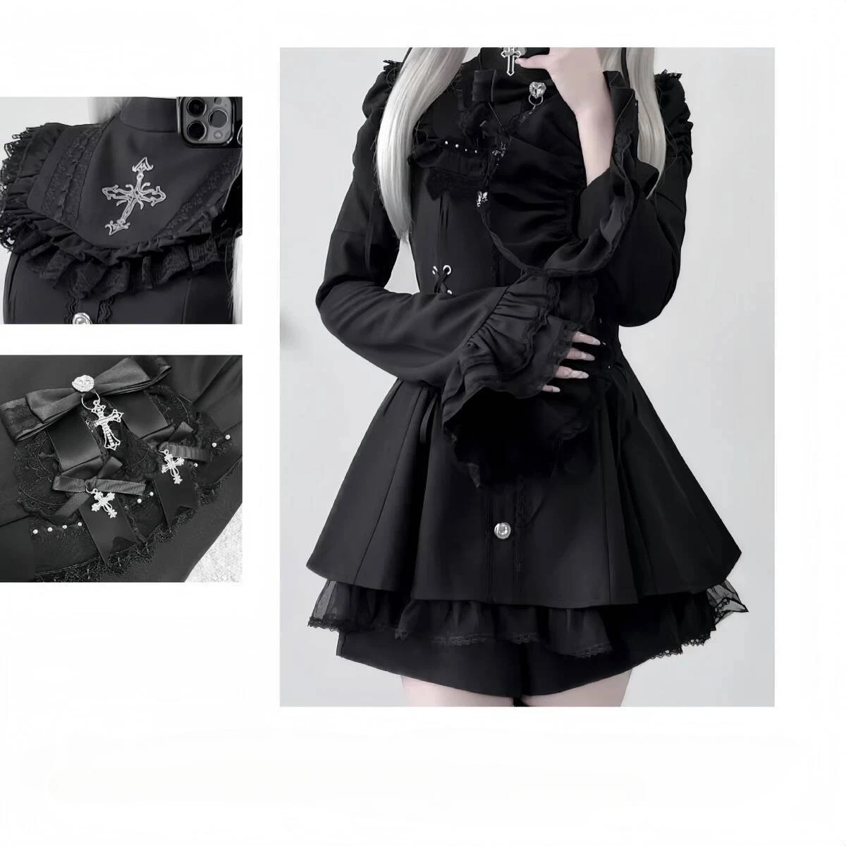 Gótico preto 2 peça define feminino casual subcultura harajuku y2k design de roupas elegante vintage punk vestido ternos roupas chiques