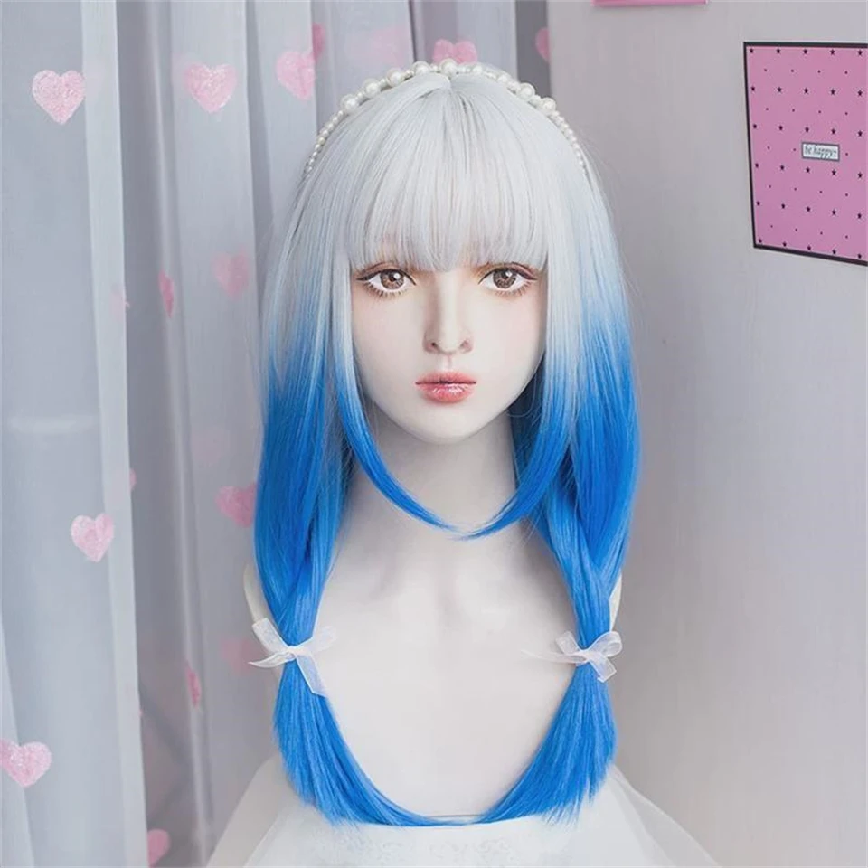 ブルーとホワイトのハイライトロングストレート合成ウィッグ前髪付きコスプレヘアウィッグ女性用デイリーナチュラル耐熱性