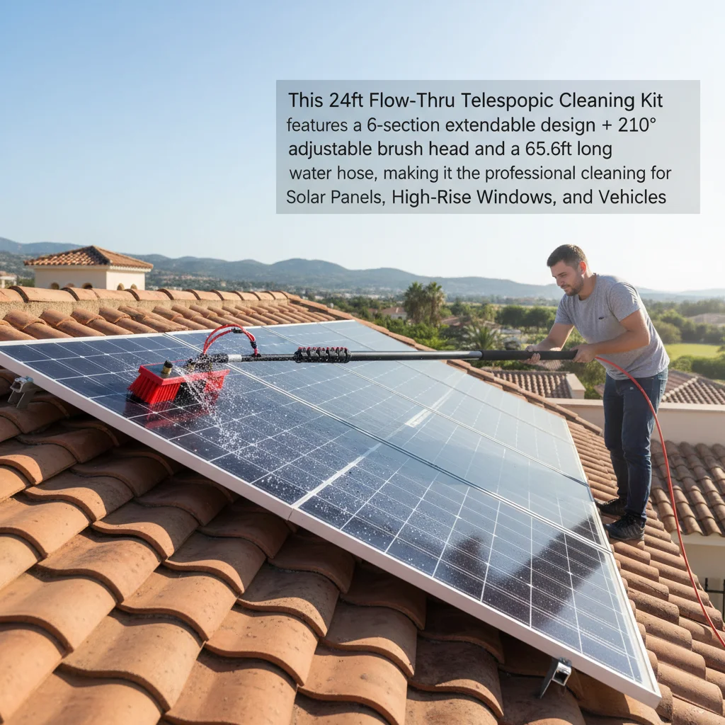 

24ft Water Fed Telescopic Pole Cleaning Kit, Water Fed Brush with 65.6ft Hose, Solar Panel Window Cleaning Tool