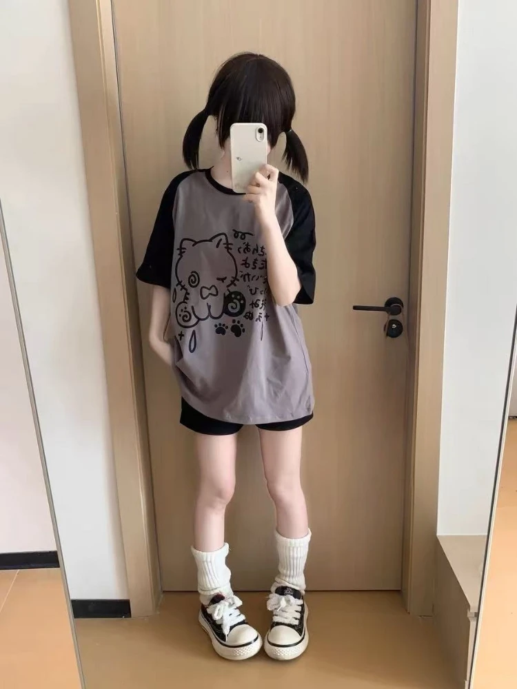 Japanese Summer Cartoon Printing T-shirts Y2k Aesthetic Casual Loose Kawaii Tops Women Contrast Color Patchwork Harajuku Tees