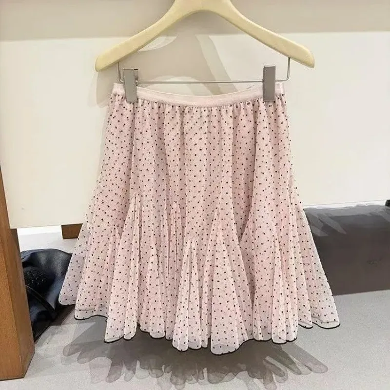 Women Pink Polka Dot Double Layer Tulle Mini Skirt Elastic Waist Flared A Line Mesh Skirt S-XL