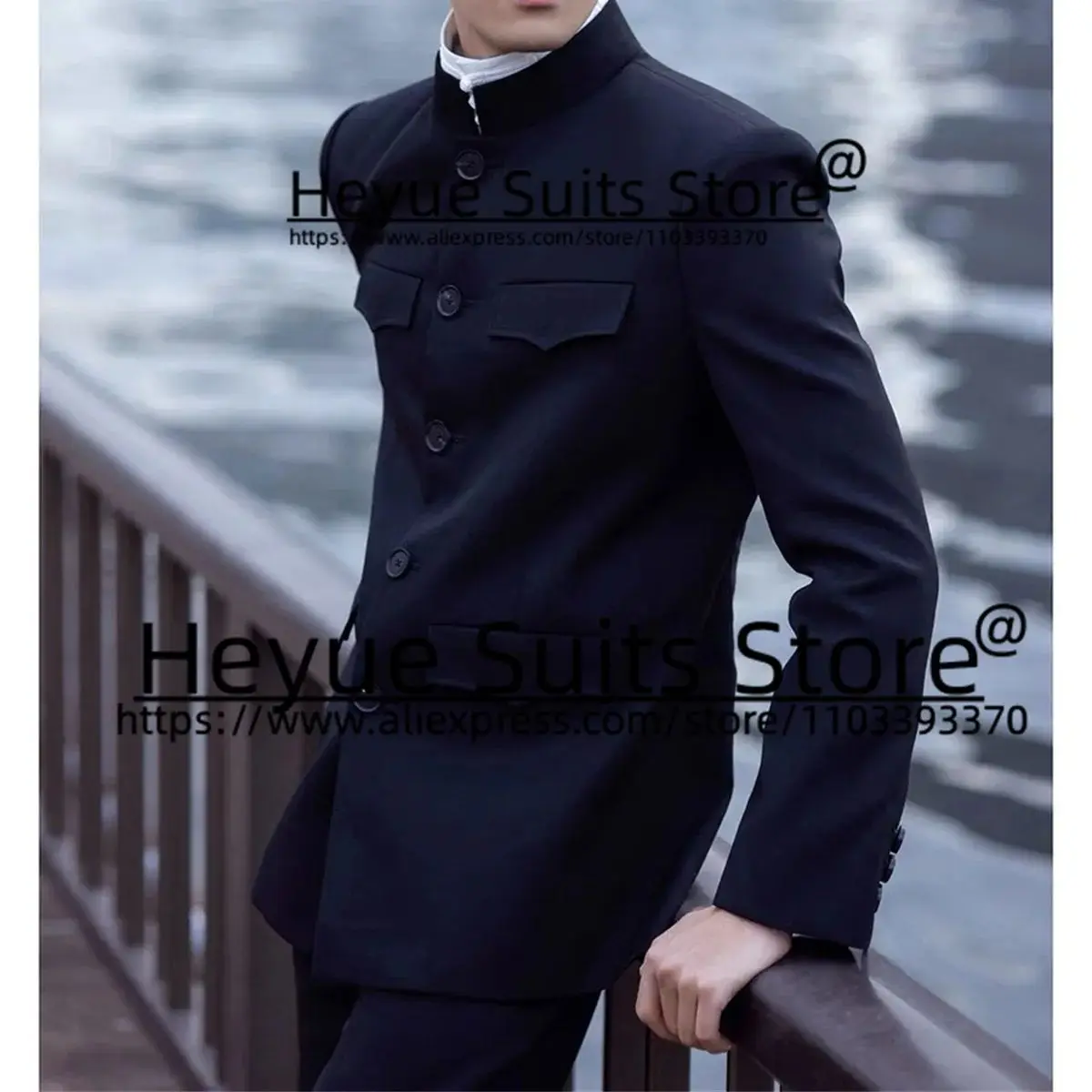 

Classic Black Chinese Tunic Suit Custom Slim Fit Stand Collar Groom Tuxedos 2 Pieces Sets Business Male Blazer Trajes De Hombre