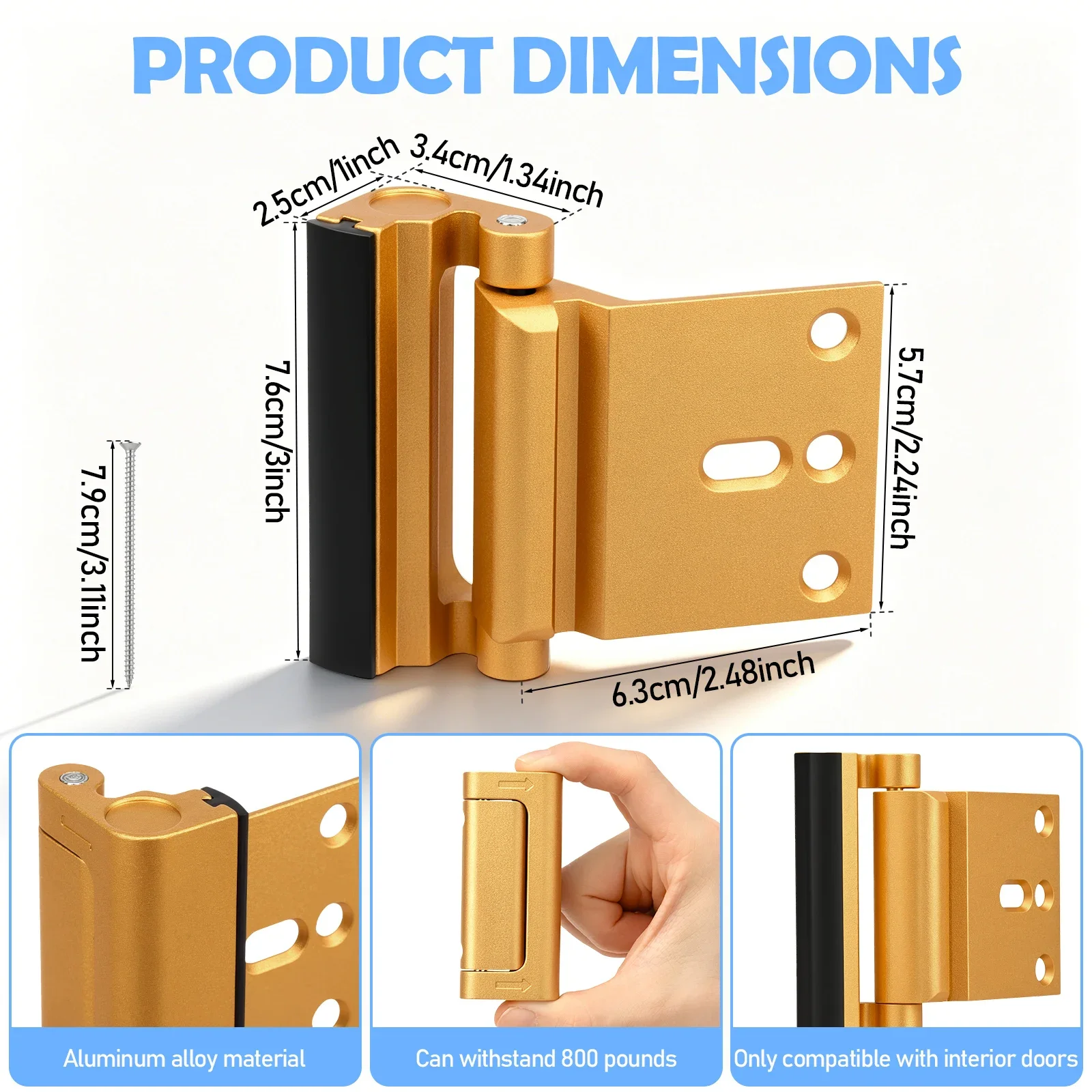 Door Reinforcement Lock 800 lbs Impact Anti Kick Security Deadbolt Home Privacy Night Latch for Inward Opening Swing Front Gate